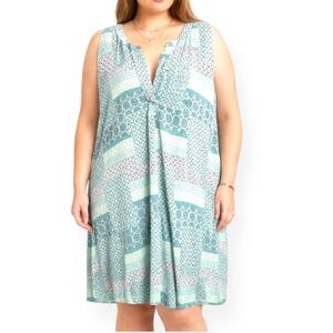 Ink & Ivy Blue Geometric Patchwork V-Neck Sleeveless Shift Dress 1X Lightweight